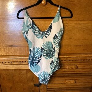 One Piece Scoop Neck High Back Lace-Up Green White Palm Leaf Swim Suit New - HP